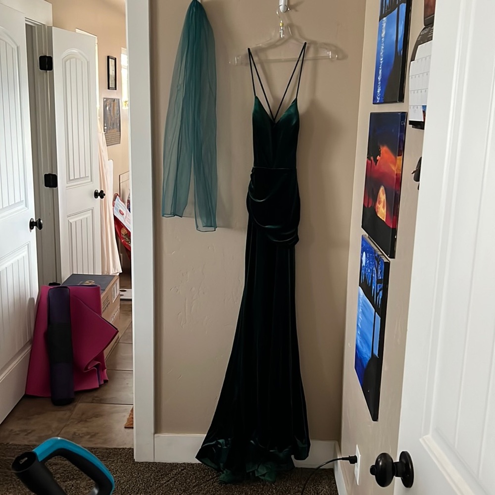 May Queen Couture Emerald Velvet Low Back Gown